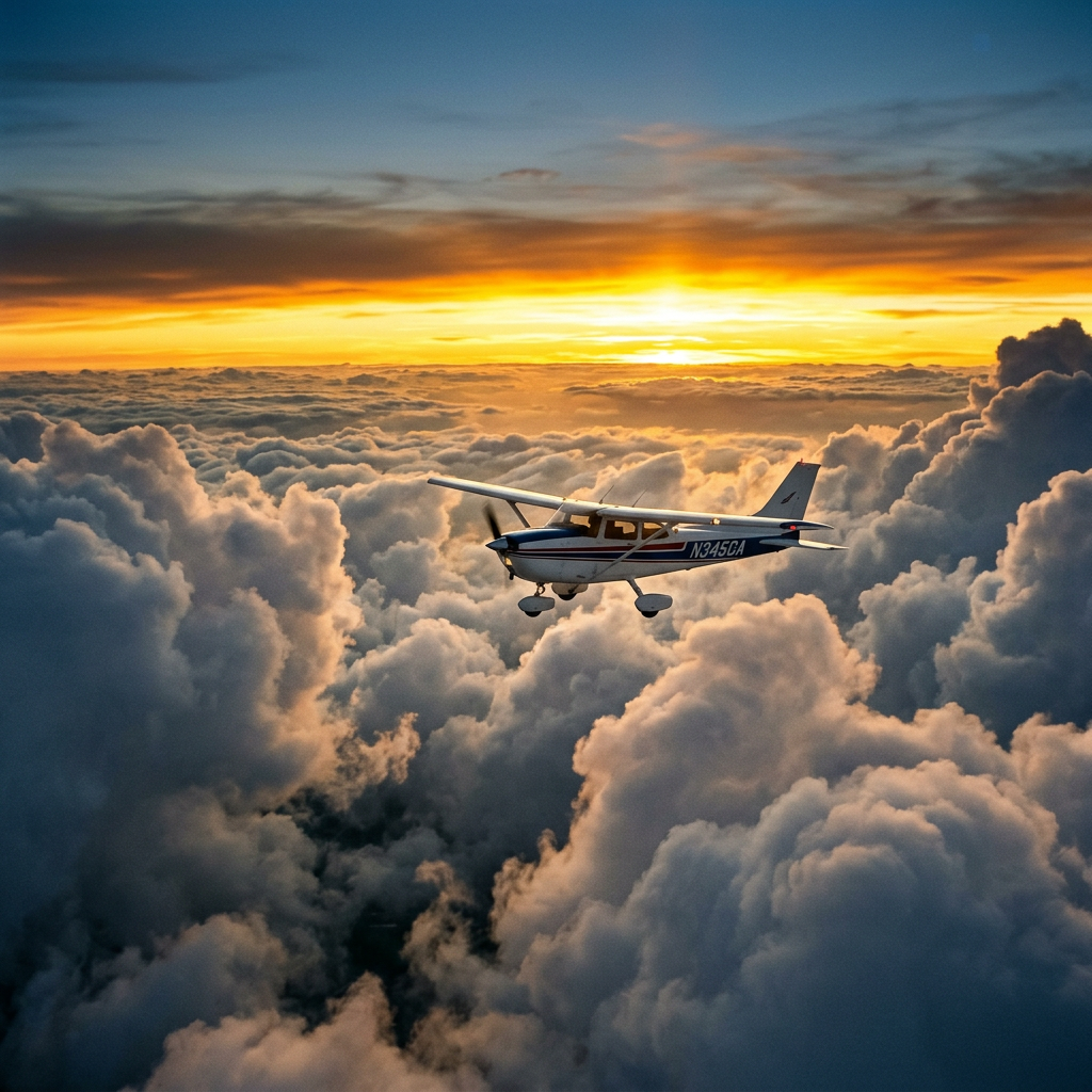 Small white and blue airplane flying above dense clouds during a colorful sunset